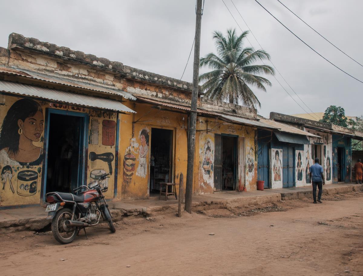Local shop row on a dusty street